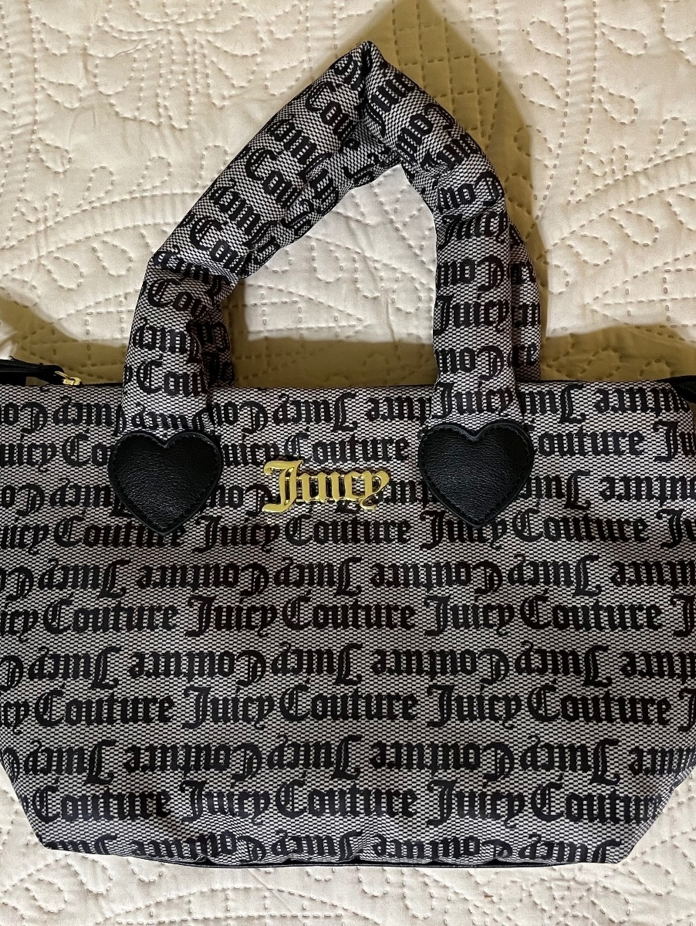 Juicy Couture RR-623 Black and Gray Logo Print Mini Tote Bag with Heart Accents